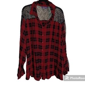 Roaman's Red Plaid Black Lace Yoke Button Down Size 26W